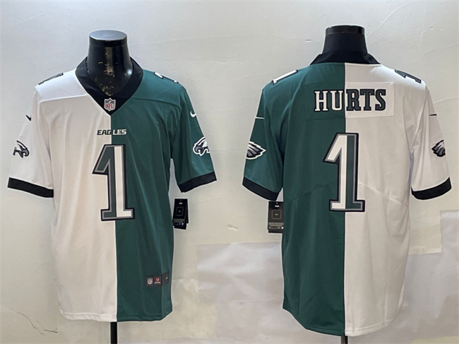 Men's White & Green Philadelphia Eagles #1 Jalen Hurts Split Vapor Untouchable Limited Stitched Football Jersey